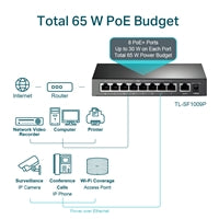 TP-Link TL-SF1009P 9-Port PoE+ Switch Metal Desktop 65W 8-Port TP-Link TL-SF1009P 9-Port PoE+ Switch Metal Desktop 65W 8-Port